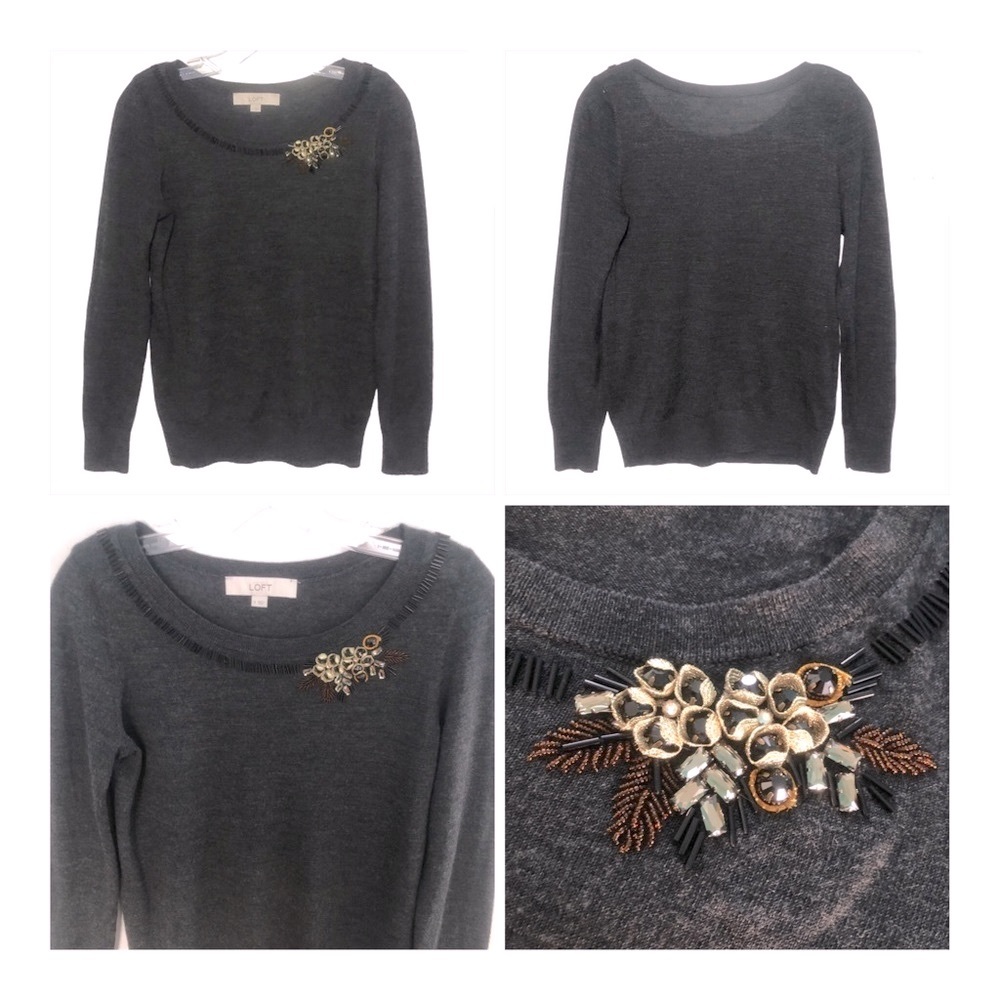 LOFT Christmas holiday sweater dark gray beaded embellishment size small